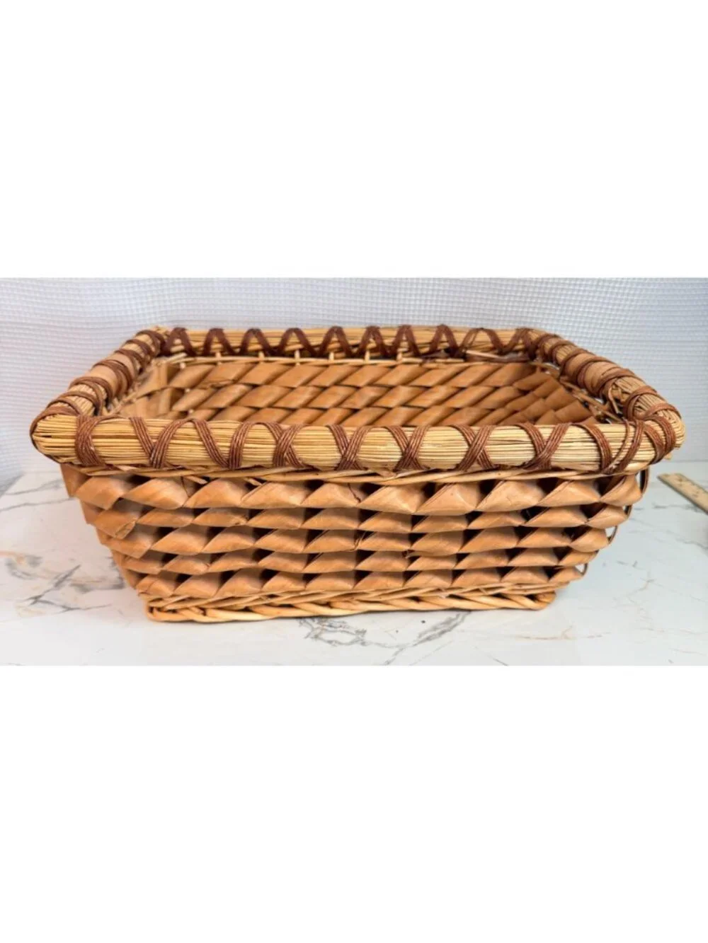 Vintage Hand woven Splint Basket with Intricate Curly Weave.